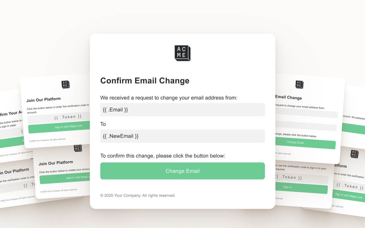 Stack of Supabase authentication email templates including signup confirmation, password reset, and magic link designs in Figma